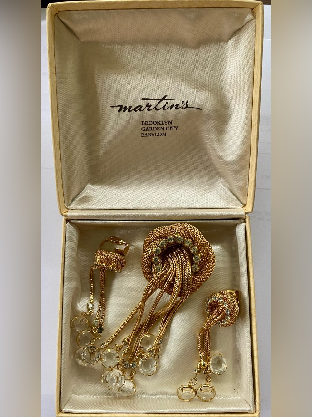 Rare Vintage Gold-Tone Tassel and Clear Crystal Brooch and Earring Set